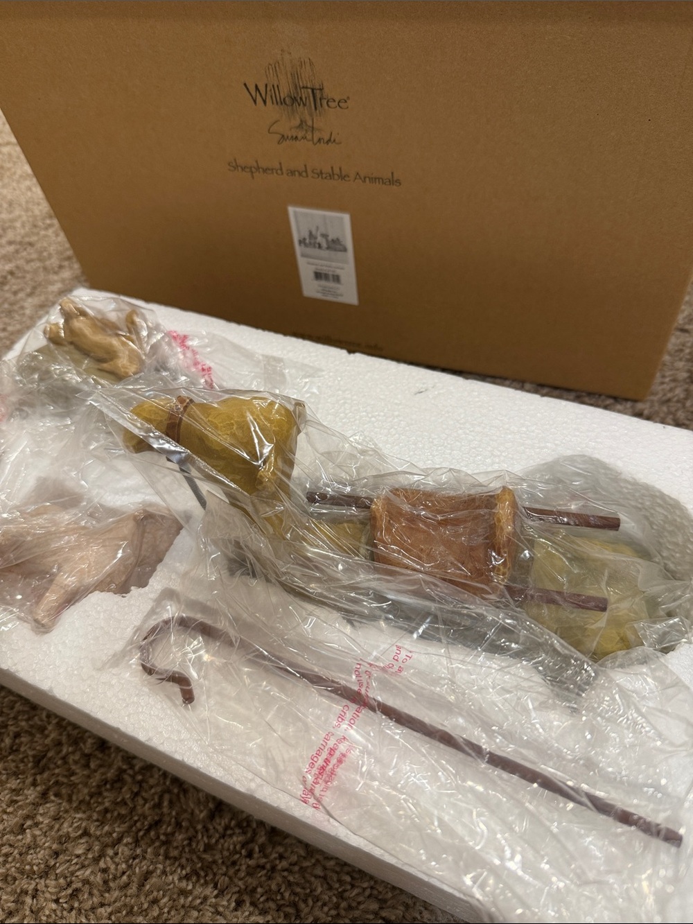 NIB Willow Tree Shepherd with Stable Animals Set - Tan and Gold Accents